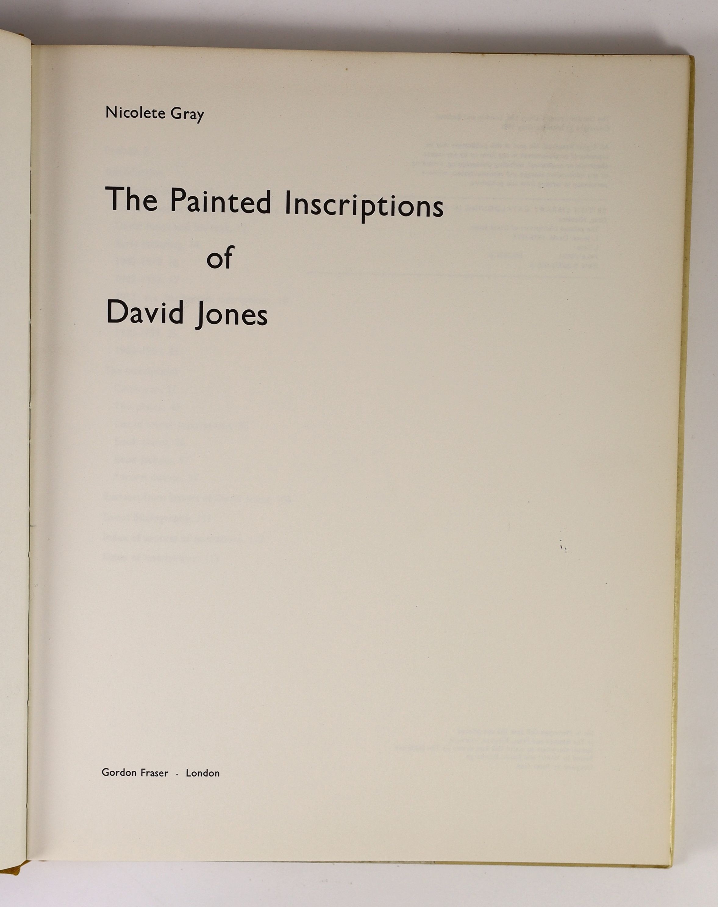 Gray, Nicolete - The Painted Inscriptions of David Jones. 1st edition. Complete with numerous text illustrations. Quarter cloth and marbled paper boards with letters direct on upper and spine. Original titled and illustr